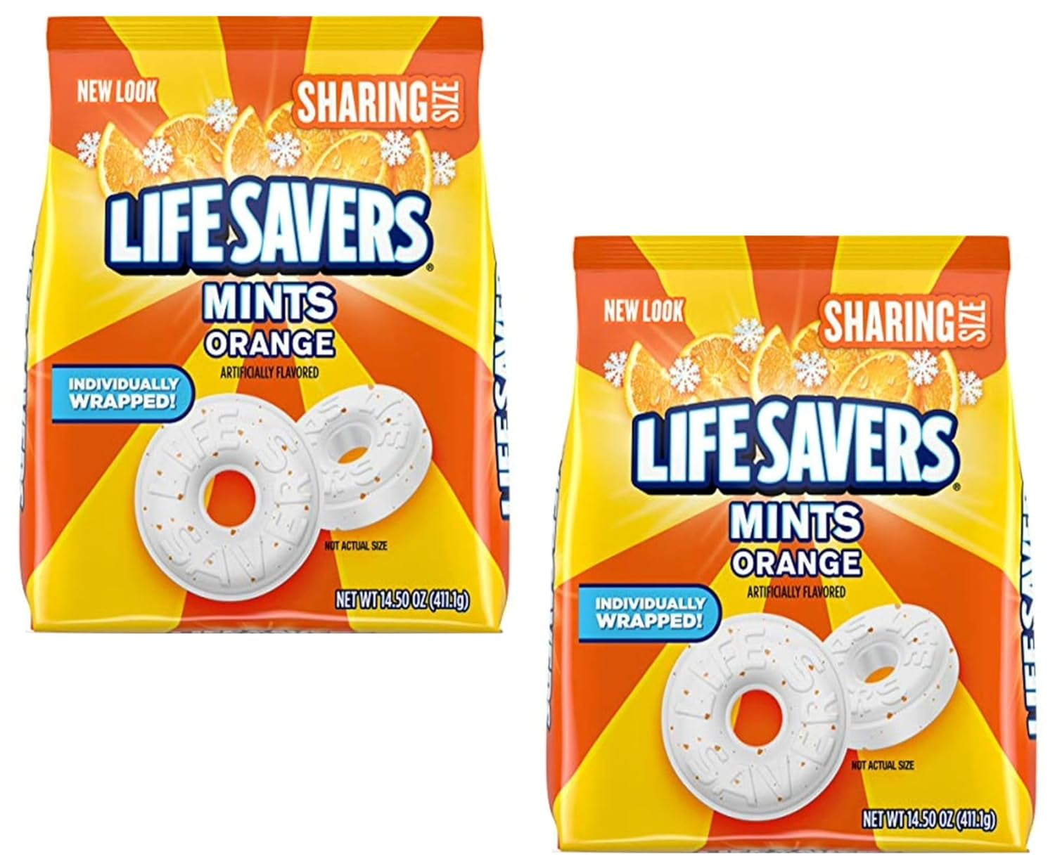 Life Saver Orange Mints - 14.5 oz Large Bags - Pack of 2 - - Individually Wrapped to Keep Fresh - Stock the Pantry or Bring to the Office