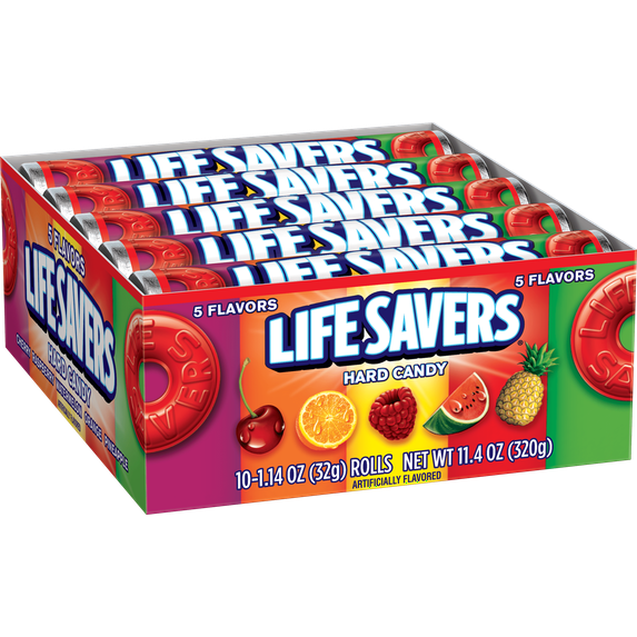 Life Savers 5 Flavors Hard Candy Rolls 10 Count Display Box, 1.14 oz Each, Assorted Fruit Flavor Candy