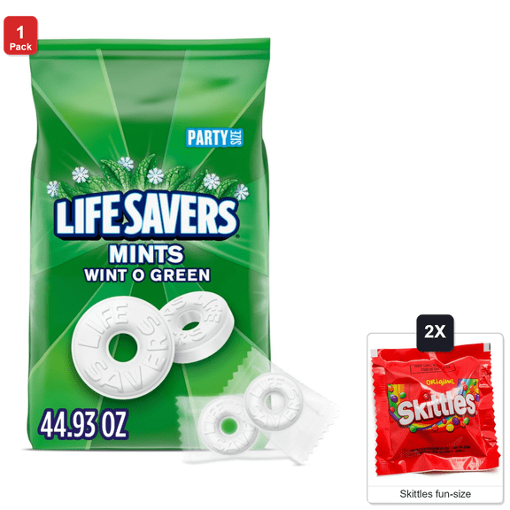 Life Savers Wint-O-Green Hard Candy Mints, 1 Bag, 44.93 oz, with 2 Skittles Fun Size