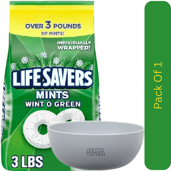 Life Savers Wint-O-Green Mints Hard Candy, Refreshing Mint Flavor, 3 lbs Bag With White Bowl By OMA