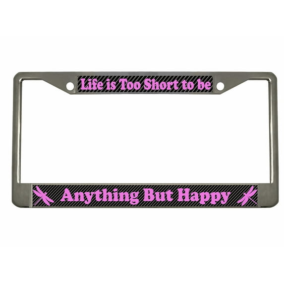 Life is Too Short to be Anything But Happy Style Metal License Plate Frame Personalized/Car Accessories Car Tag Holder Cover Carbon (Chrome/Carbon/Purple)