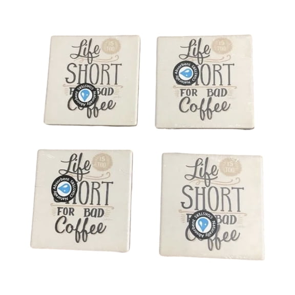 Life Is Too Short for Bad Coffee Ceramic Coasters 4-Pack, Naturally Absorbent Drink Coasters with Cork Backing, Square Tabletop Protection for Coffee Bar & Home