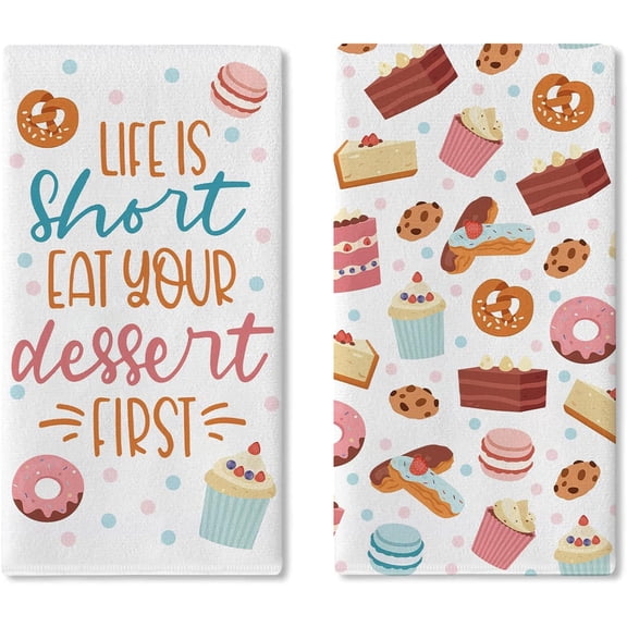 Life is Short Eat Your Dessert First Kitchen Dish Towels Set of 2, Sweet Cupcake Donut Cookie Macaron Drying Hand Towel Baking Cooking Cloth, Colorful Polka Dots Home Decor 18'' x 26''