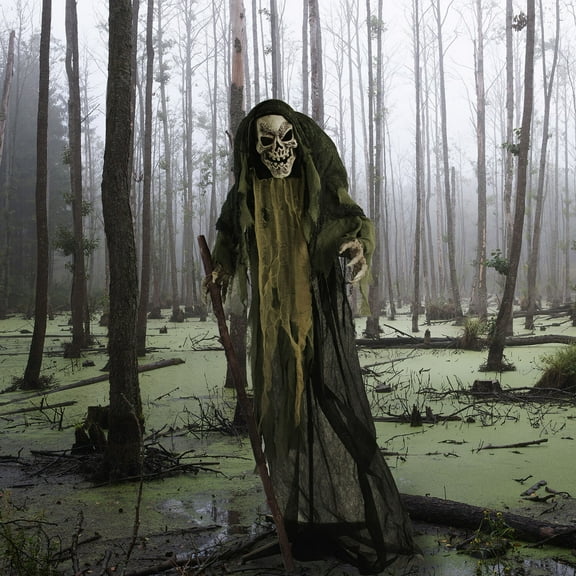 Life-Size 5.75 ft Animatronic Skeleton Reaper Holding Staff with Lights and Sound, Indoor/Covered Outdoor Halloween Decoration, HHSKEL-7FLSA