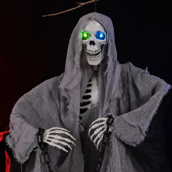 Life Size Halloween Posable Grim Reaper Decorations,Hanging Skeleton Props with Chains,83" Scary Lighted Flashing Eyes Grim Reaper Decor for Haunted House,Porch Lawn,Flying Ghosts Skeleton