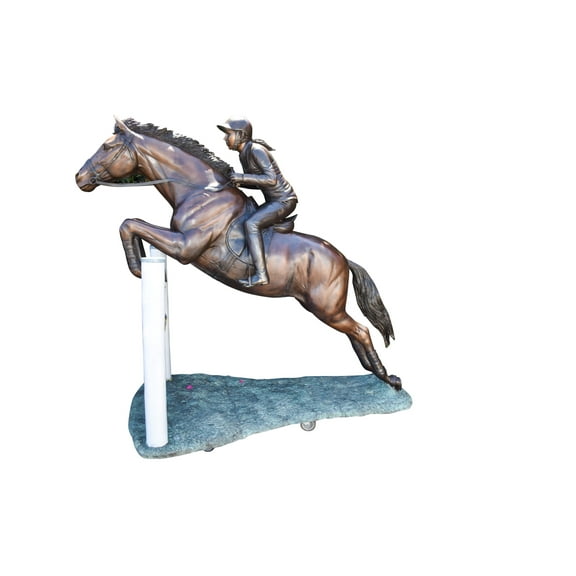 Nifao Life Size Horseback Rider Jumping Realistic Bronze Statue  Garden Outdoor Decor Sculpture, 85"L x 45"W x 71"H