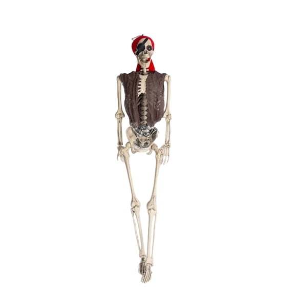 Life Size Poseable Skeleton Halloween Decoration with Pirate Vest and Bandana, Realistic Full Body Prop for Haunted House, Party, Indoor Outdoor Yard Display