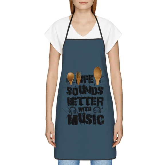 Life Sounds Better With Music Apron, Inspirational Gifts for Men Women, Funny Apron, Chef Bib with Pockets, Waterproof Work Apron for BBQ Kitchen Crafting Gardening