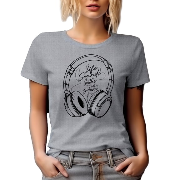 Life Sounds Better with Music feat. Headphones, DJ, Singer-Songwriter or Musician, Heather Grey T-Shirt, Large