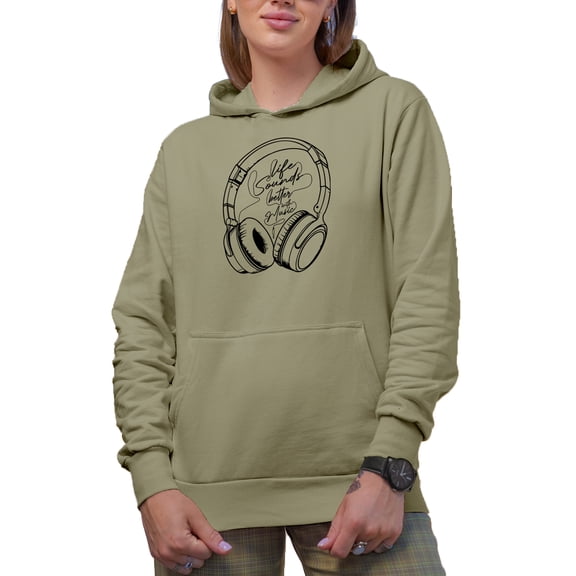 Life Sounds Better with Music feat. Headphones, DJ, Singer-Songwriter or Musician, Sand Hooded Sweatshirt or Hoodie, Medium