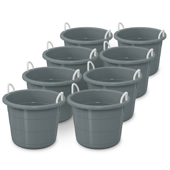 Life Story 17 Gal Round Open Storage Bucket with Rope Handles, Gray, 8 Pack