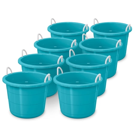 Life Story 17 Gal Round Open Storage Bucket with Rope Handles, Teal, 8 Pack