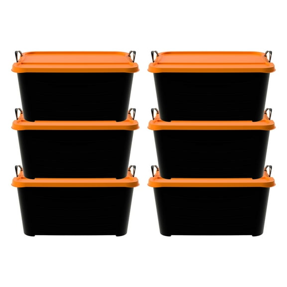 Life Story 55 Qt Stackable Storage Bin, Heavy Duty Lidded Container, Black/Orange, 6 Pack