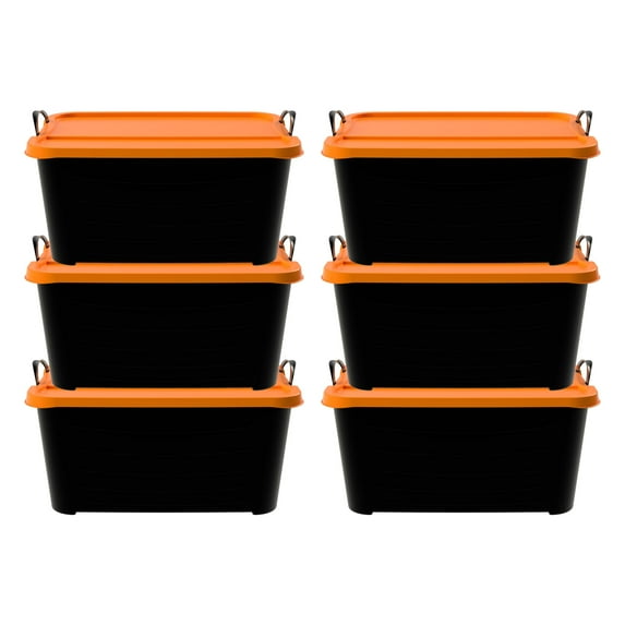 Life Story 55 Qt Stackable Storage Bin, Heavy Duty Lidded Container, Black/Orange, 6 Pack