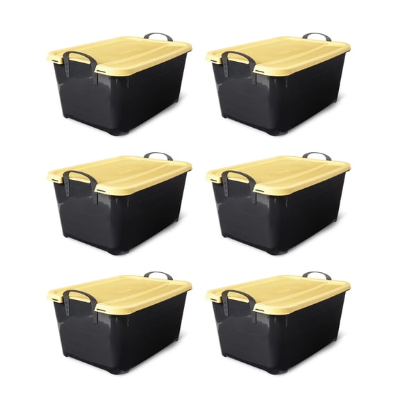 Life Story 55 Qt Stackable Storage Bin, Heavy Duty Lidded Container, Black/Yellow, 6 Pack