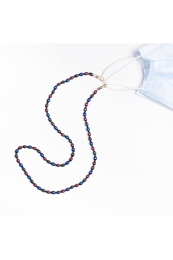 28" Yellow Gold Plated Brass Blue/Burgundy/Black Beaded Chain Face Mask Holder