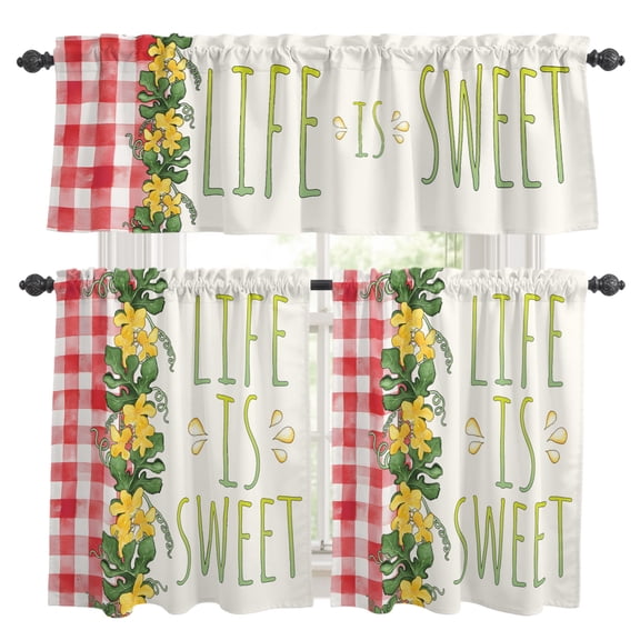 Life Is Sweet Kitchen Curtains Set for Windows, Summer Watermelon Vines Curtains Valance and Tier 3 Piece Set Small Drapes 24 Inch Length for Kitchen Bedroom Decor