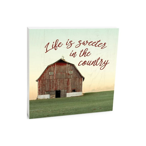 Life Sweeter Country Rustic Red Barn 10 x 10 Wood Tabletop Sign Plaque