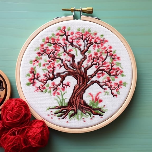 Life Tree Stamped Cross Stitch Kits for Beginners Easy with Hoop 11CT Needlepoint Embroidery Counted Cross Stitch Kits Art Craft Wall Decoration 35x35cm(5)