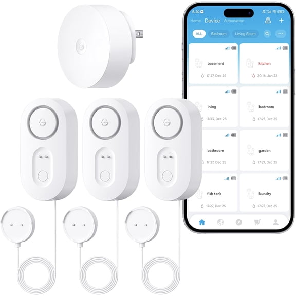 Life Upgraded Smart Water Leak Detector 1s with 4.92 ft Sensor Cable, WiFi Water Sensor with SMS/Email/APP Push and Sound Alarm, 5-Year Battery Life, Suit for Home, Basement, Kitchen (3 Pack)