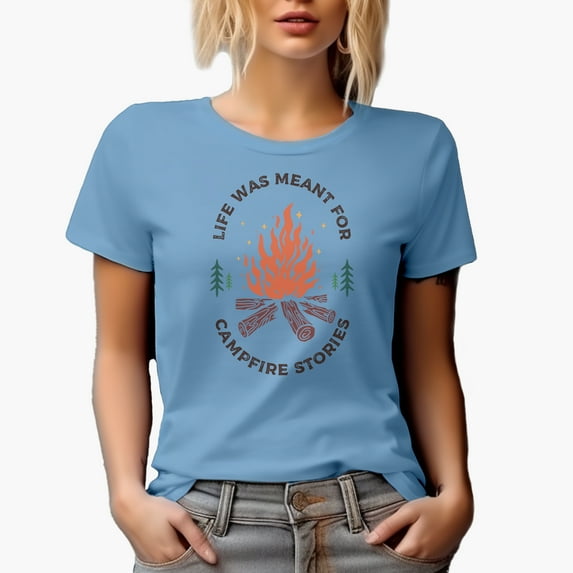 Life Was Meant for Campfire Stories with Bonfire, Camping Art Merch Gift, Baby Blue T-Shirt, Small