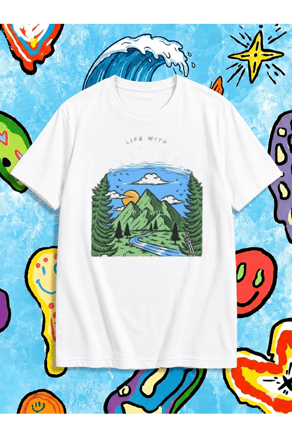 Life With Nature Mountain River Scenic Graphic T-Shirt, for men & women, S-5XL