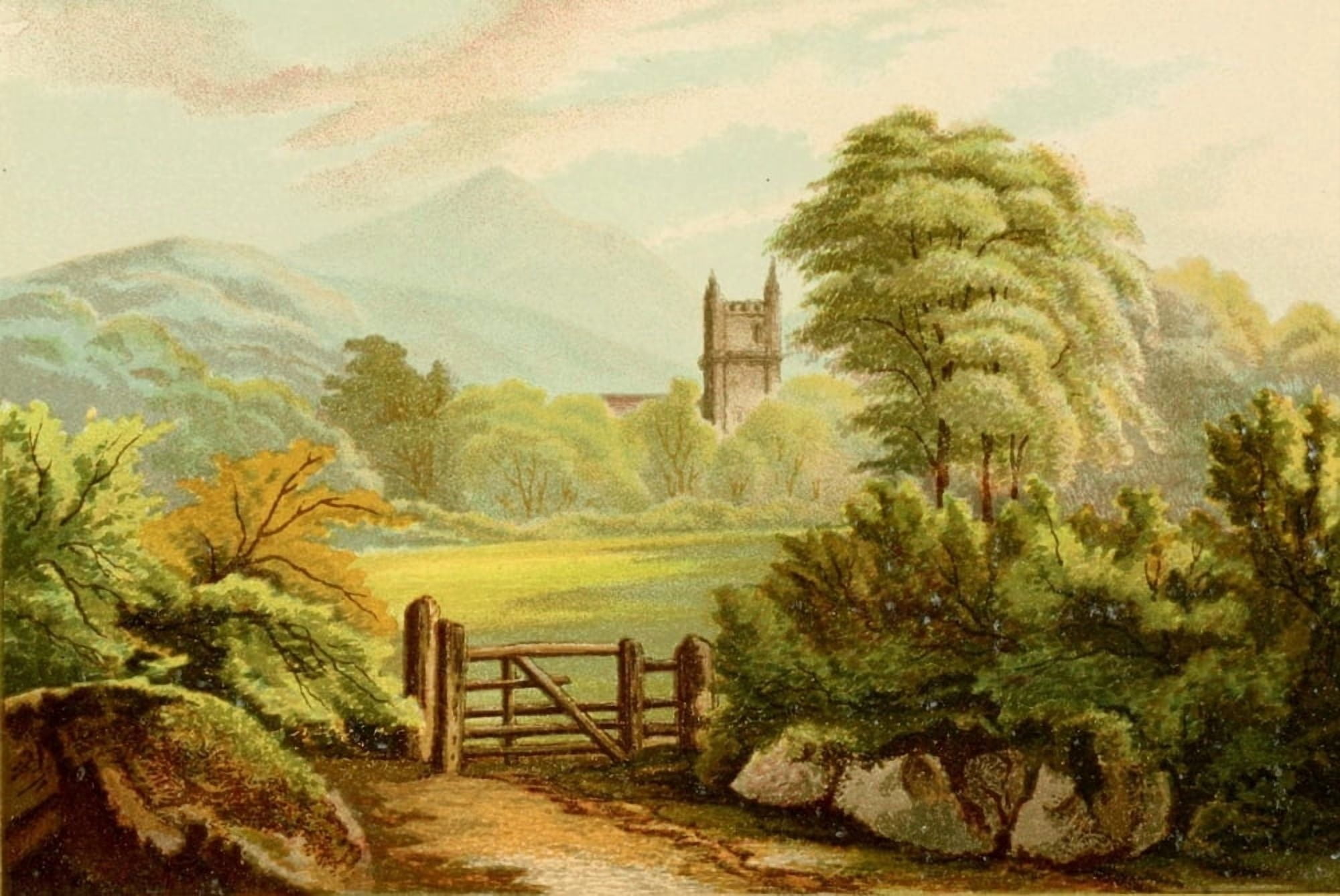 Life chords 1885 Astley Church with Malvern Hills Canvas Art - Helga Von Cramm (24 x 36)