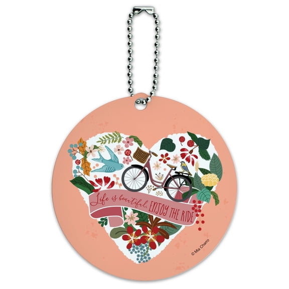Life is Beautiful Enjoy the Ride Bicycle Round Luggage ID Tag Card Suitcase Carry-On