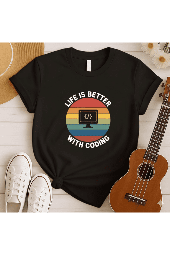 Life is Better With Coding Retro Sunset Programmer T-Shirt, for men & women, S-5XL