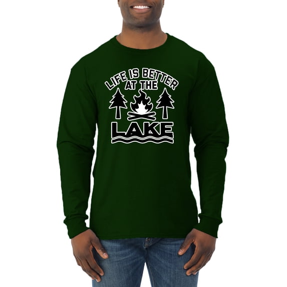 Life is Better at the Lake Outdoors Inspirational/Christian Mens Long Sleeve Shirt, Forest Green, Medium