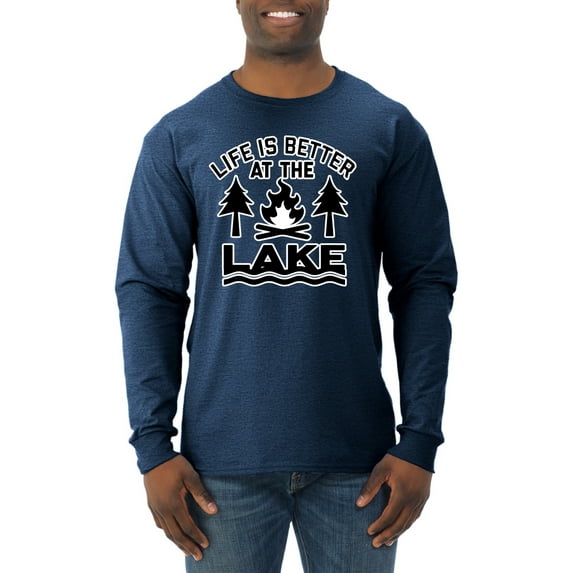 Life is Better at the Lake Outdoors Inspirational/Christian Mens Long Sleeve Shirt, Vintage Heather Navy, Small