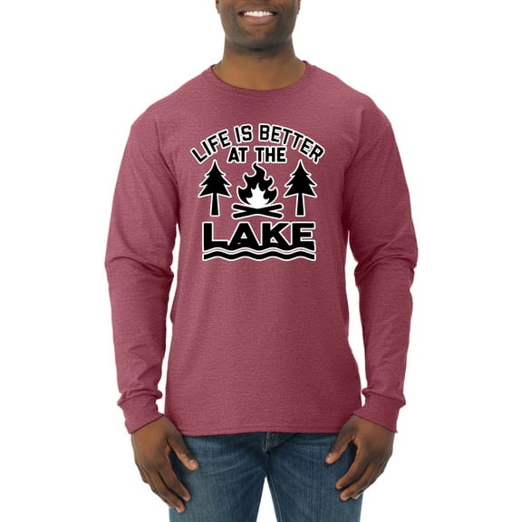 Life is Better at the Lake Outdoors Inspirational/Christian Mens Long Sleeve Shirt, Vintage Heather Red, Medium