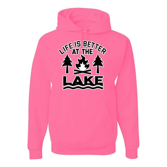 Life is Better at the Lake Outdoors Inspirational/Christian Unisex Graphic Hoodie Sweatshirt, Neon Pink, X-Large