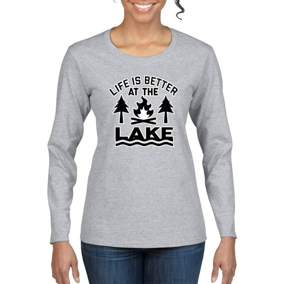 Life is Better at the Lake Outdoors Inspirational/Christian Womens Graphic Long Sleeve T-Shirt, Heather Grey, 2XL
