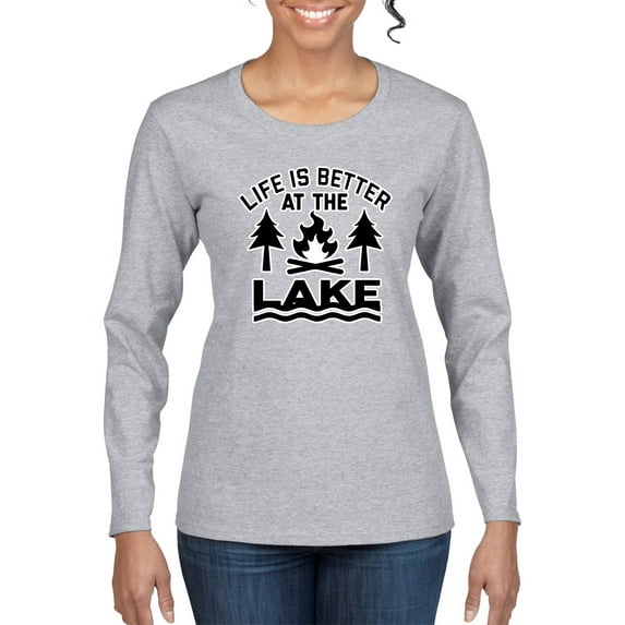 Life is Better at the Lake Outdoors Inspirational/Christian Womens Graphic Long Sleeve T-Shirt, Heather Grey, 2XL