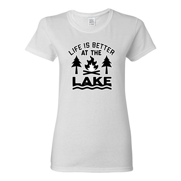 Life is Better at the Lake Outdoors Inspirational/Christian Womens Graphic T-Shirt, White, Medium