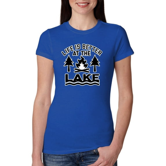 Life is Better at the Lake Outdoors Inspirational/Christian Womens Slim Fit Junior Tee, Royal, Small