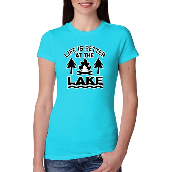 Life is Better at the Lake Outdoors Inspirational/Christian Womens Slim Fit Junior Tee, Tahiti Blue, Medium