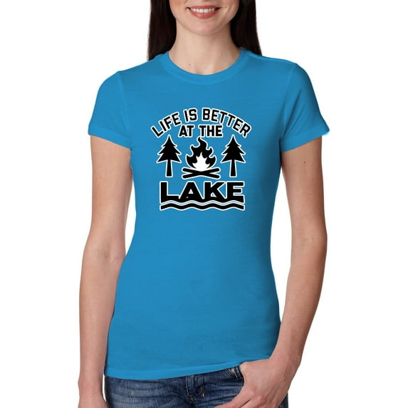 Life is Better at the Lake Outdoors Inspirational/Christian Womens Slim Fit Junior Tee, Turquoise, X-Large
