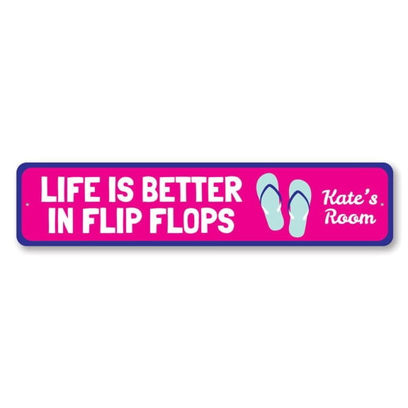 Life is Better in Flip Flops Sign, Kid Name Room Sign, Custom Beach Lover Child Playroom Aluminum Decor - 4x18 inches