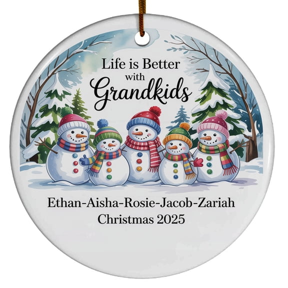 Life is Better with 5 Grandkids Christmas 2025, Customized Text Names Five Grandkids Snowman Christmas Ornament Gift, Circle Christmas Ornament