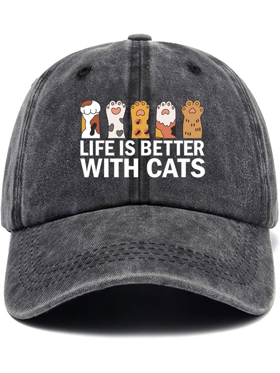 Life is Better with Cats,Funny Baseball Cap,Funny Hats,Cat Hat,Cat Lover Hat Gifts,Adjustable Cotton Baseball Cap for Men Women Black