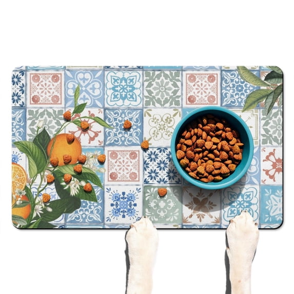 Life is Better with Lemons Pet Bowl Mat - Absorbent Non-Slip Dog Food Mat with Vintage Lemon Print, Washable and Eco-Friendly