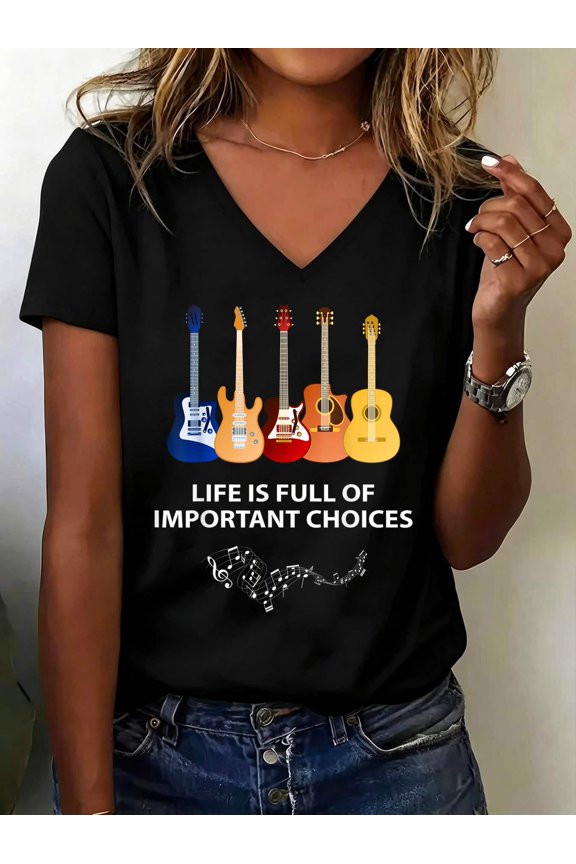 Life is Full of Important Choices Funny Nice Guitar Party V Neck T-Shirt Cotton Women's V Neck Graphic Tee, Casual Short Sleeve Shirt,Vacation Outfit