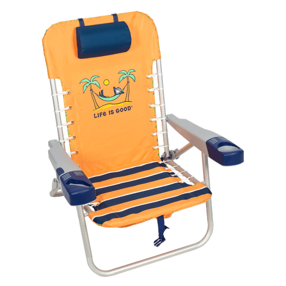 Life is Good 4-Position Backpack Pillow and Cup Holder Beach Chair, Canyon Orange