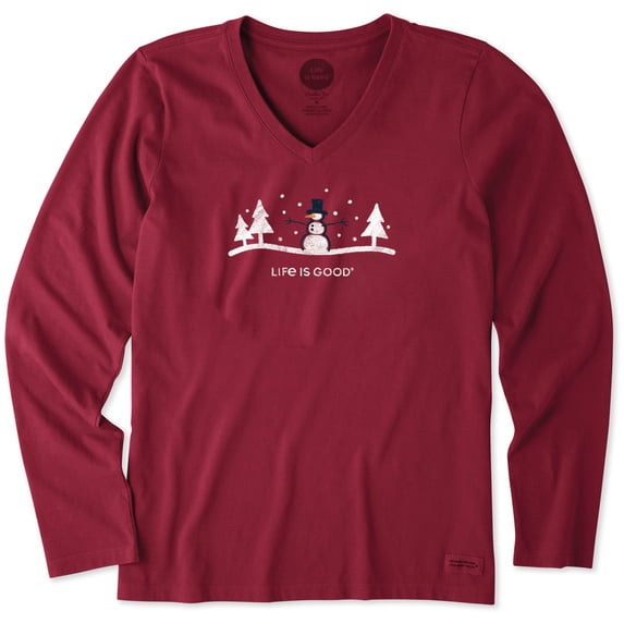 Life is Good. Womens Long Sleeve Crusher Vee: Snowman Outdoor, Cranberry Red