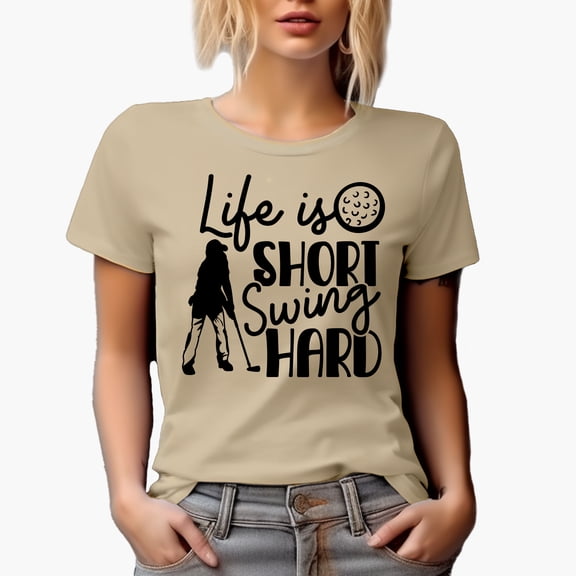 Life is Short, Swing Hard Quote with a Ball & Swinging Golf Player, Golfing or Golfer Themed Merch Gift, Tan T-Shirt, 3XL