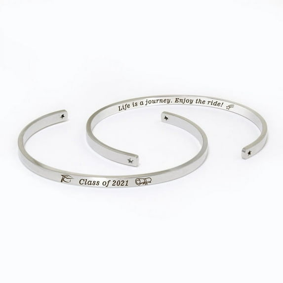 "Life is a journey…" Silver Stainless Steel Graduation Theme Hidden Message Gift for Her Cuff Bracelet with Gift Set
