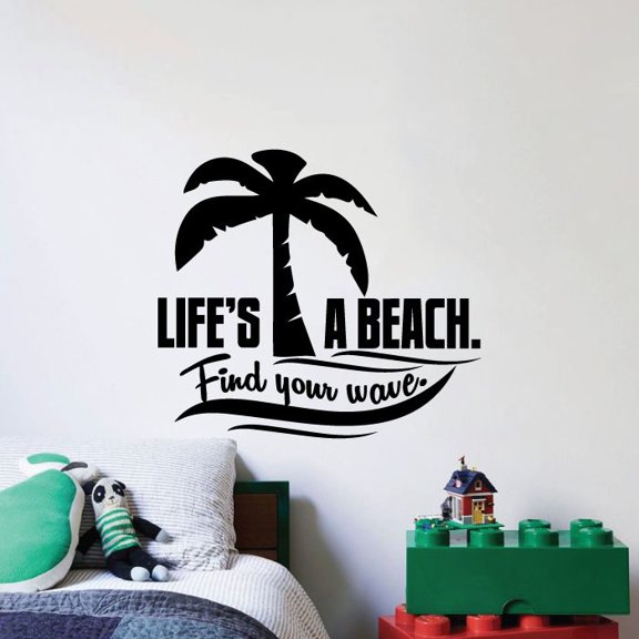 Life's A Beach Find Your Wave - Beach Life Quotes Trees Silhouette Vinyl Wall Sticker Art Decal Beach Area Ocean Vibes Chill Out Design Beach House Home Decor Stickers Decoration Size (40x24 inch)