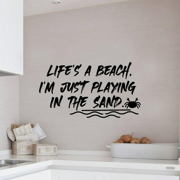 Life's A Beach, I'm Just Playing In The Sand - Beach Life Quotes Quote Trees Silhouette Beach Sand Vinyl Wall Sticker Art Decal Beach Area Design Beach House Home Decor Decoration Size (12x30 inch)